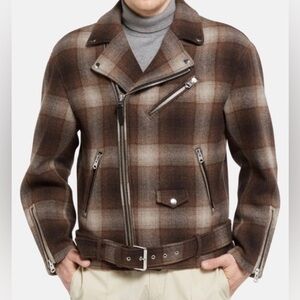 Mackage Men’s Clement Brown Plaid Wool Biker Motorcycle Jacket EUC Size 38/M